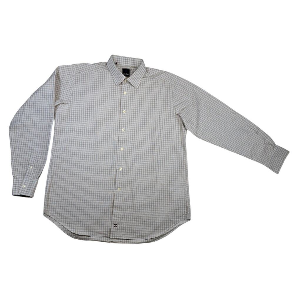 David Donahue Men's 17.5 36/37 Trim Fit Dress Shirt - Brown Blue Plaid